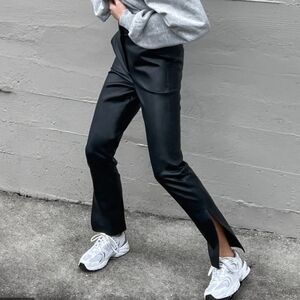 Oak + Fort black faux‎ leather side slit pants